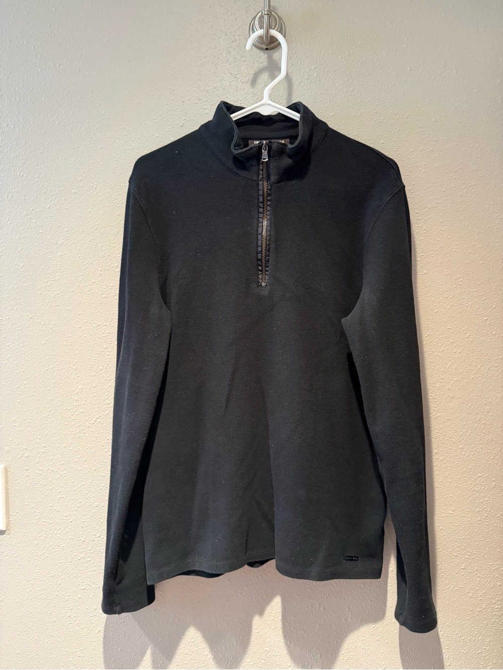 Michael Kors Mens Solid Black Ribbed Knit Quarter Zip Mock Neck Sweater Large